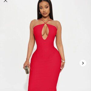 Fashion Nova Red Halter Dress – Keyhole Front – Floor Length – Size XS